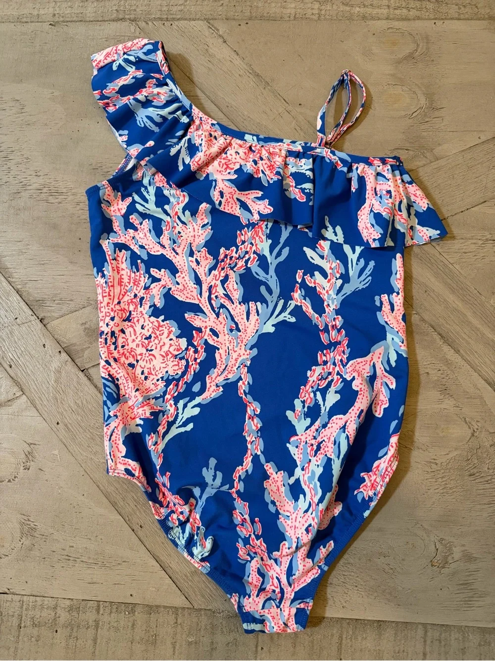 Lilly Pulitzer Borealis Blue Ruffle Swimsuit Pink Coral Print size 14 VGUC